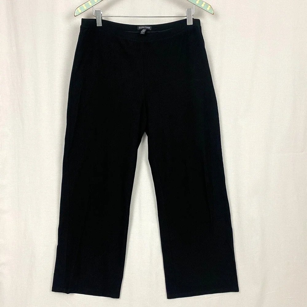 Eileen Fisher System Pants Womens Medium Black Wide Leg Ankle Crop‎ Baggy 32x27